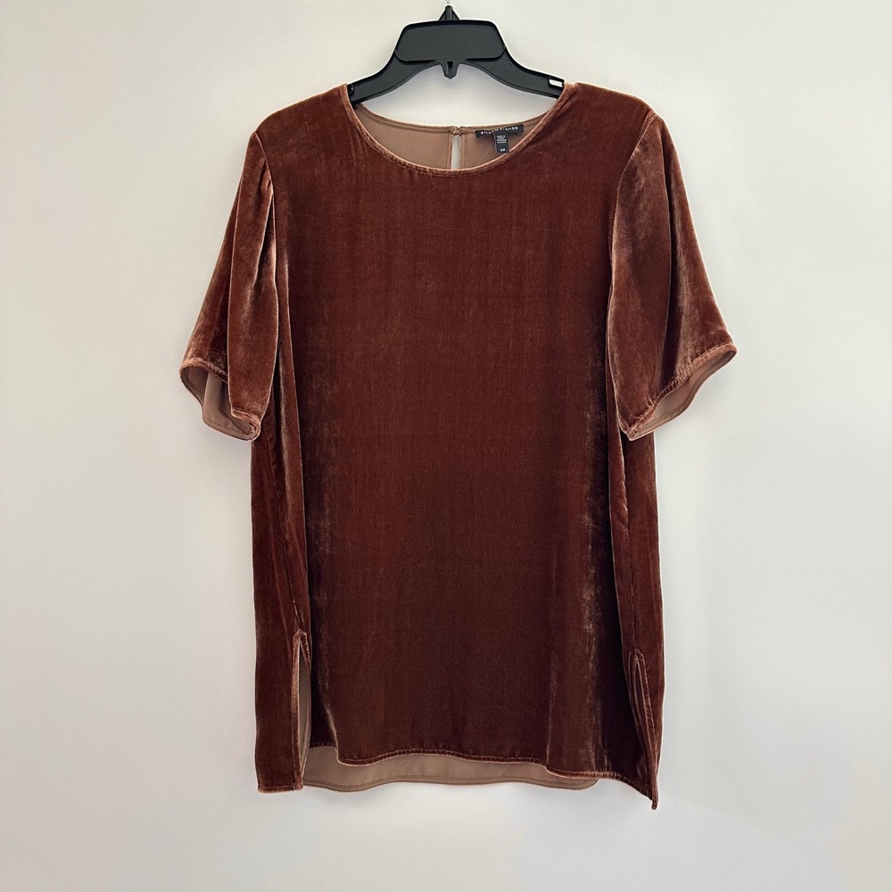 Eileen Fisher Silk Blend Velvet Short Sleeve Top Size Small Holiday Brown